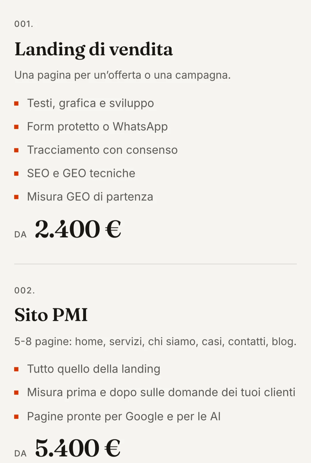 La landing di vendita da 2.400 euro e il sito PMI da 5.400 euro, con cosa comprendono, nella pagina dei siti di francosantoro.it